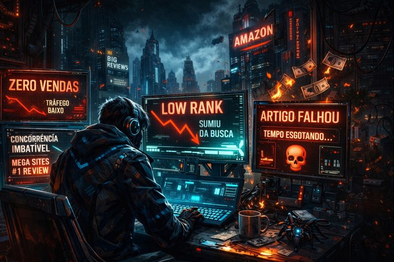 Ilustração cyberpunk mostra um afiliado solo lutando contra grandes sites e resultados ruins, representando os desafios do seo para afiliados de produtos físicos ao criar reviews que ranqueiam e convertem.