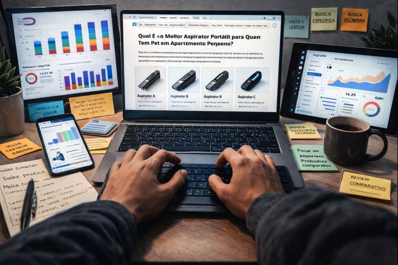 Afiliado solo criando review comparativo em notebook, com análise de palavras-chave, gráficos de tráfego e estratégia de seo para afiliados de produtos físicos focada em ranqueamento e conversão.