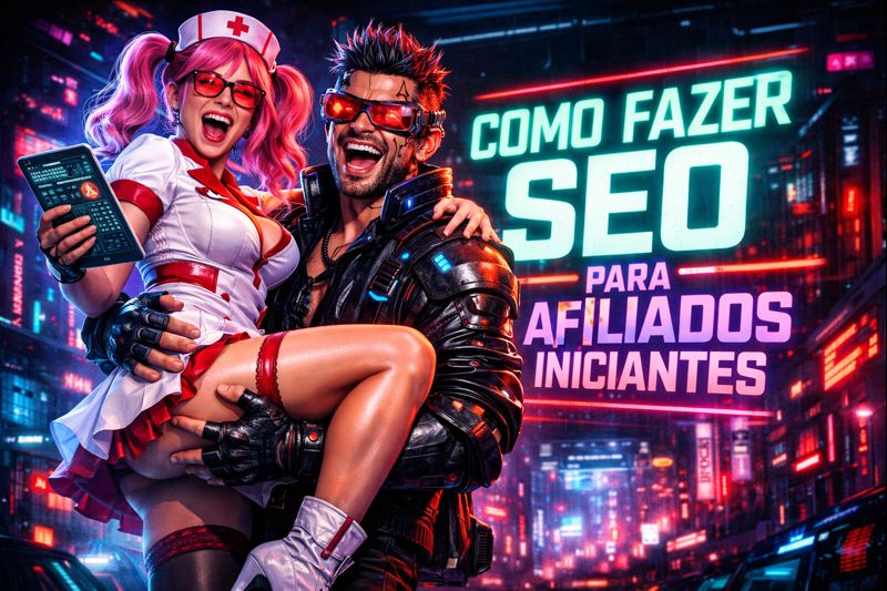 Imagem em estilo cyberpunk futurista mostrando um homem com visual tecnológico segurando uma mulher vestida de enfermeira, ambos felizes, em uma cidade neon futurista. A cena ilustra como fazer SEO para afiliados iniciantes, destacando o uso de estratégia, tecnologia e produtividade na criação de reviews de produtos físicos.