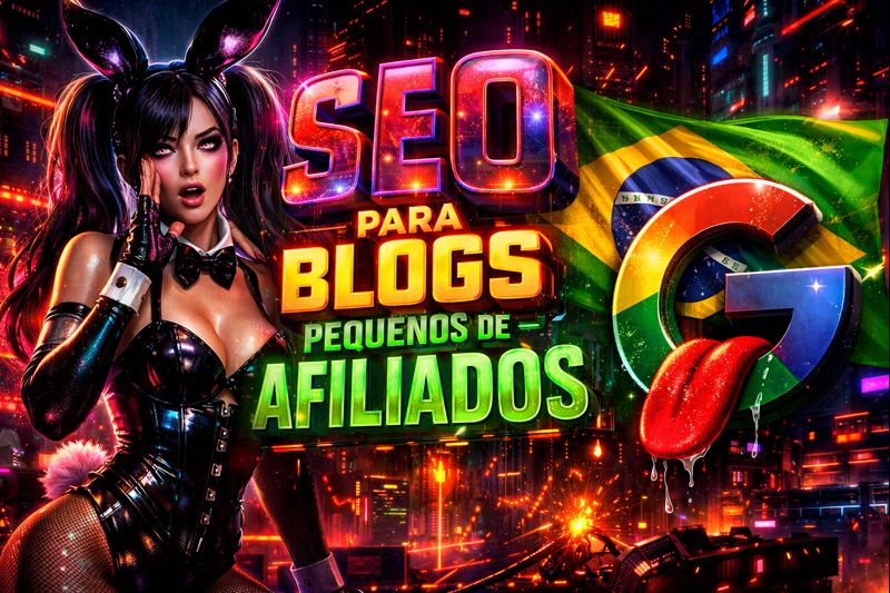 Ilustração cyberpunk futurista com mulher em fantasia de coelhinha fazendo gesto de alerta, cenário dark tecnológico, texto em destaque “seo para blogs pequenos de afiliados” e símbolo do Google com a bandeira do Brasil ao fundo.
