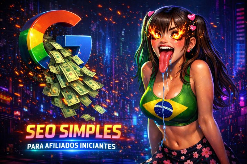 Ilustração em estilo cyberpunk mostrando o logo do Google liberando dólares enquanto uma jovem afiliada reage de forma exagerada, representando seo simples para afiliados iniciantes que querem criar reviews de produtos físicos, ranquear no Google e aumentar conversões mesmo competindo com sites grandes.
