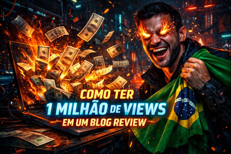 Ilustração cyberpunk futurista mostrando como ter 1 milhão de views em um blog review: homem brasileiro com expressão maníaca de felicidade, olhos em chamas soltando faíscas, segurando a bandeira do Brasil enquanto um computador explode dólares em fogo, representando sucesso extremo em SEO para blogs de reviews e afiliados.
