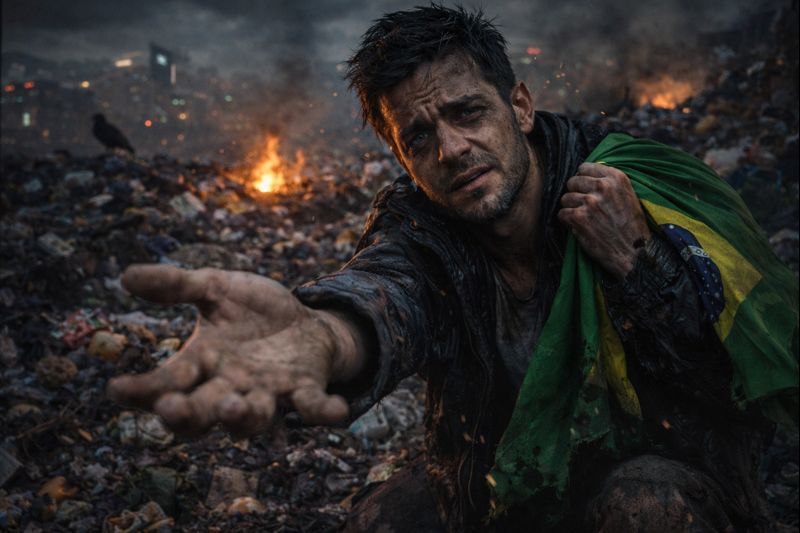 Cena impactante mostrando como ter 1 milhão de views em um blog review: homem brasileiro faminto em um lixão cyberpunk, com roupas rasgadas, expressão de sofrimento e esperança, mão estendida pedindo comida, simbolizando que um blog review com SEO aplicado corretamente é capaz de transformar a vida de qualquer pessoa que aprende a usar estratégia, conteúdo e consistência.