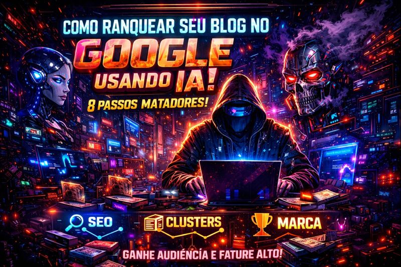 Imagem futurista em estilo cyberpunk mostrando um hacker usando inteligência artificial para ranquear sites, representando como posicionar um blog no google usando ia com SEO, clusters de conteúdo e construção de marca em um cenário dark e tecnológico.