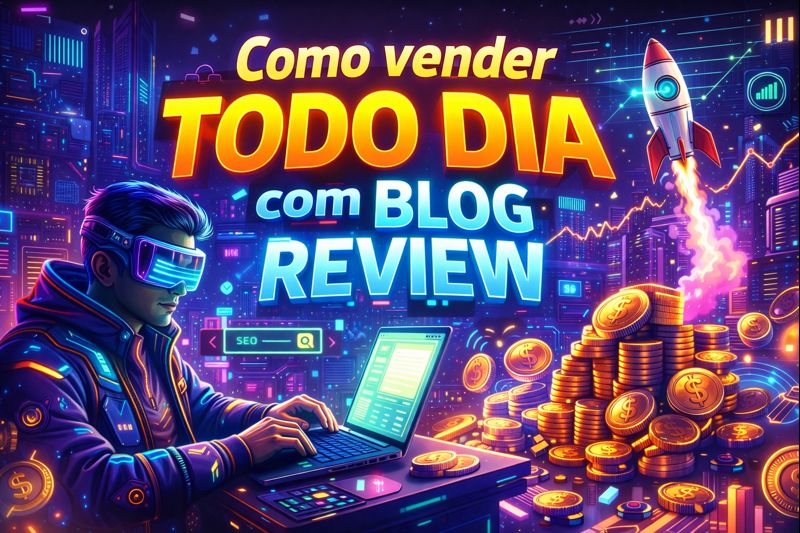 Ilustração futurista em estilo cyberpunk mostrando um criador digital trabalhando em um laptop, cercado por gráficos de crescimento, moedas e elementos tecnológicos, representando como vender todo dia com blog review usando SEO, autoridade e estratégia digital.