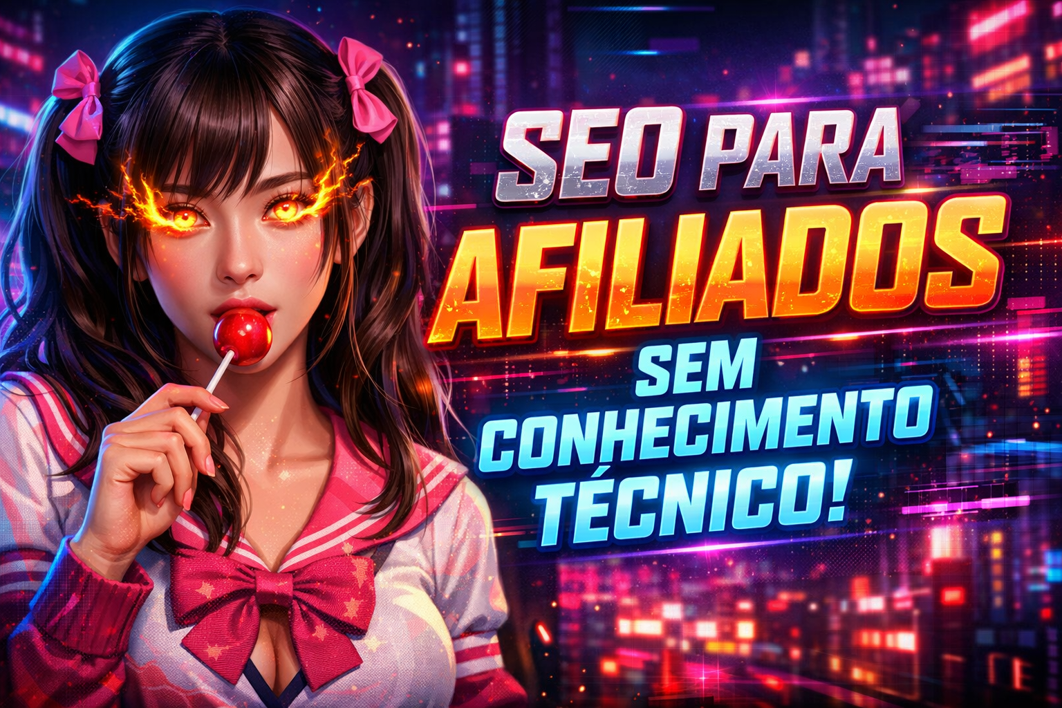 Imagem estilo cyberpunk neon mostrando mulher adulta com olhar intenso e tipografia chamativa “SEO para afiliados sem conhecimento técnico”, simbolizando estratégia de conteúdo, autoridade de domínio e crescimento de tráfego para afiliados de produtos físicos.